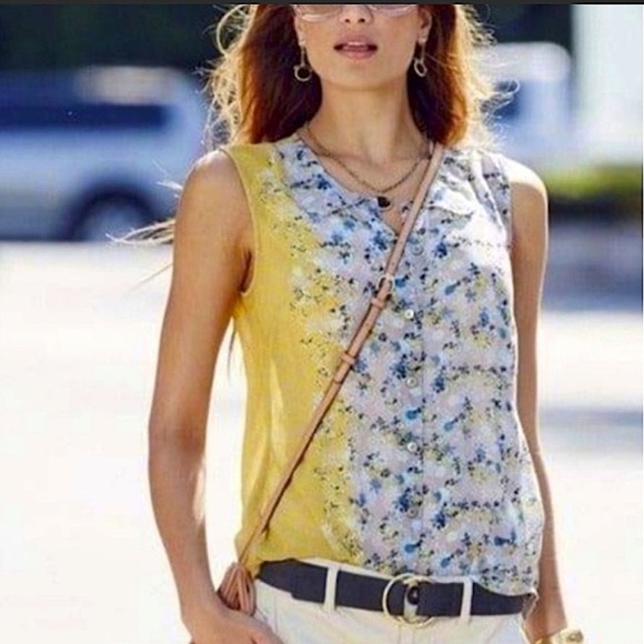 CaBi  Offsides floral Blouse Yellow Blue, Button Up, Sleeveless, Sheer - Picture 1 of 10
